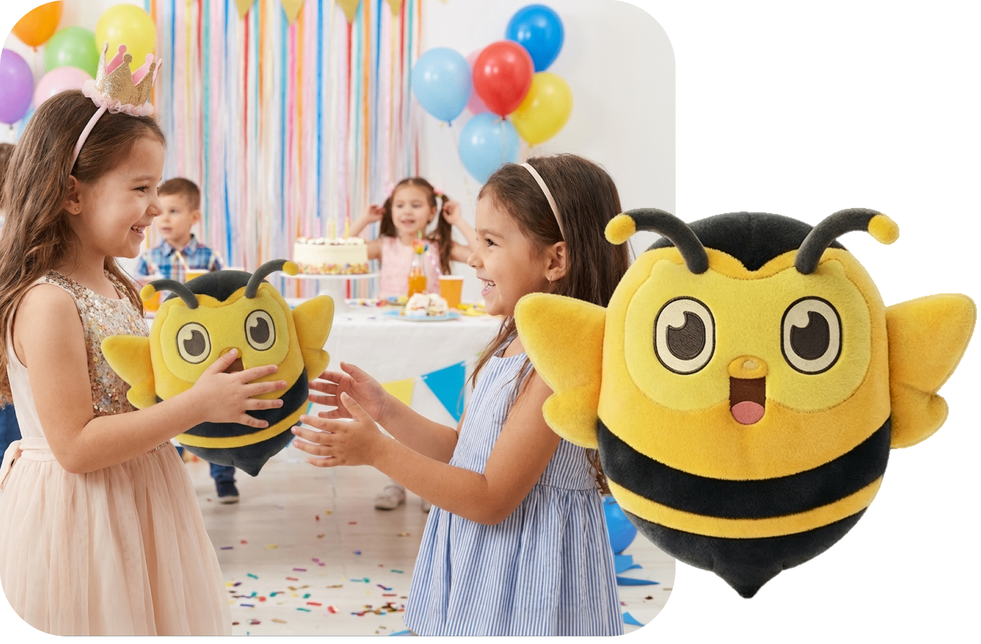 Kinderen op feest met FunBee knuffel