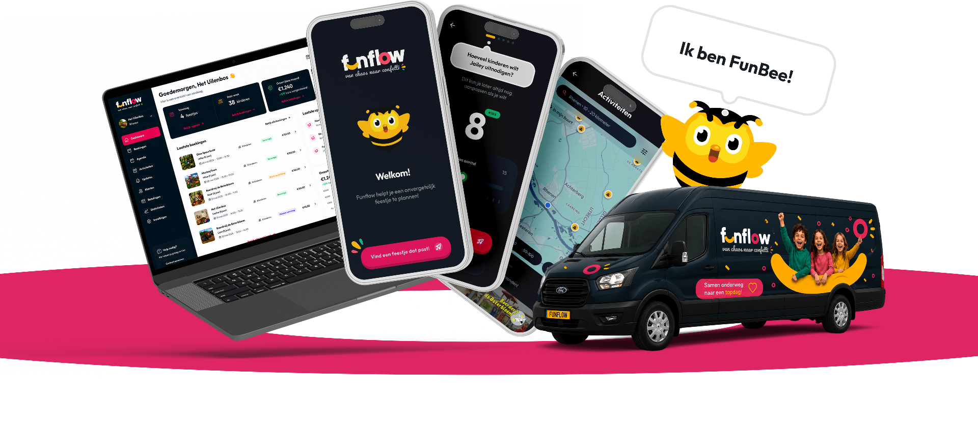 FunFlow op laptop, telefoons en bus